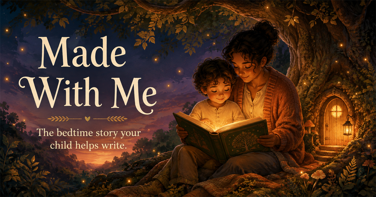 A parent and child reading together beneath a glowing oak tree beside a tiny golden door